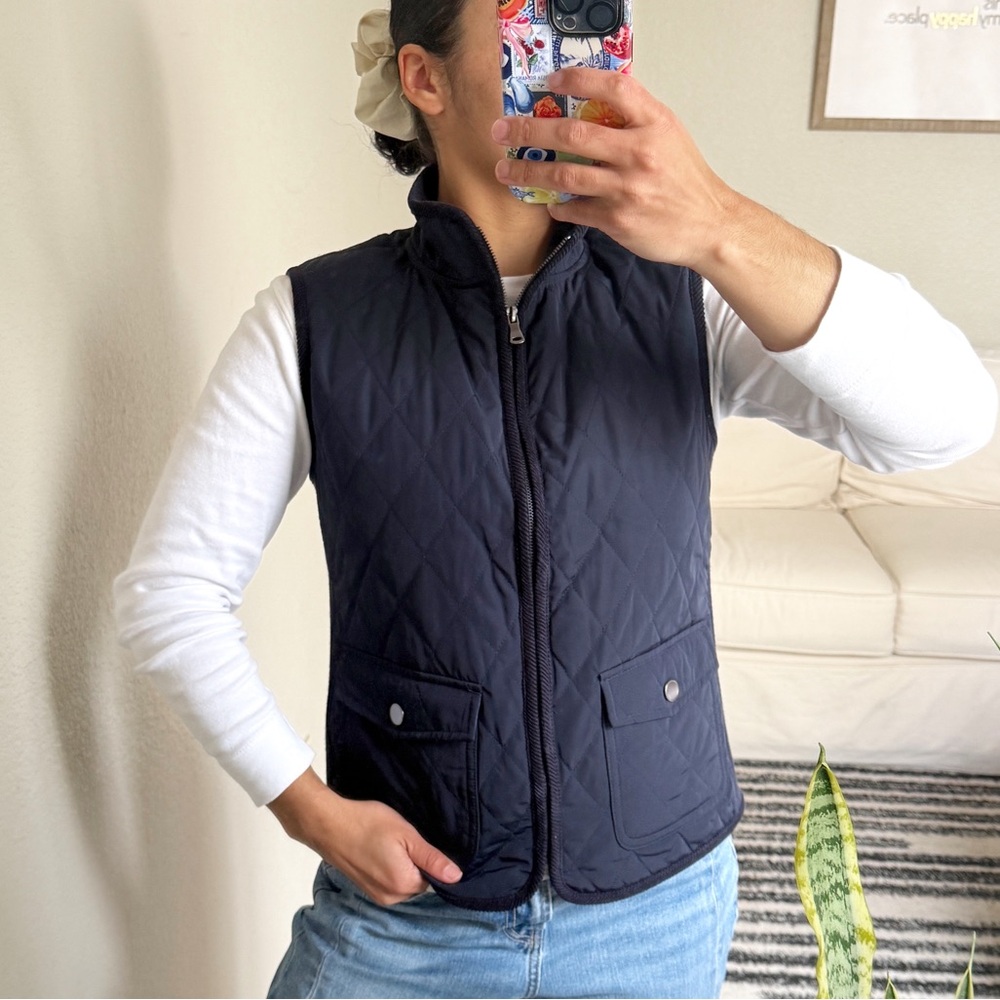 Talbots Navy Blue Diamond Quilted Vest with Corduroy Trim